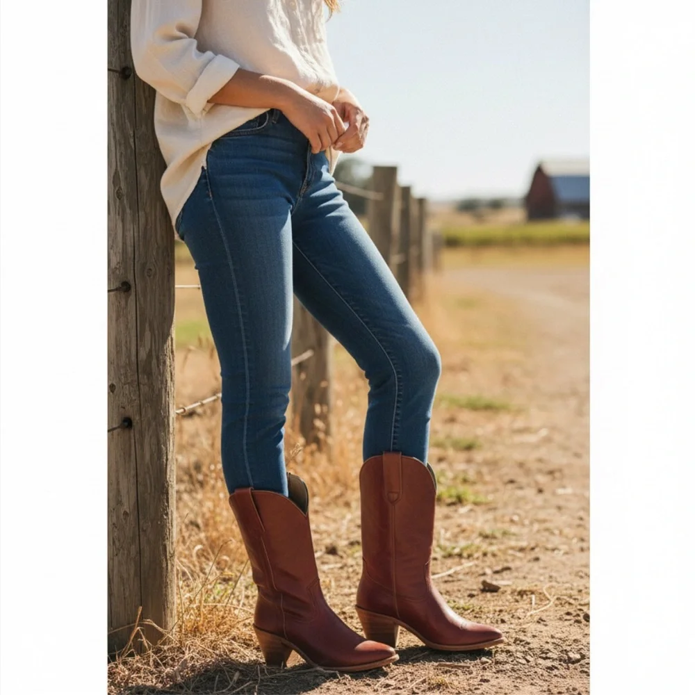 1990’s Frye Vintage Leather Pull On Red Cognac Heeled Cowboy Western Cute Bootie